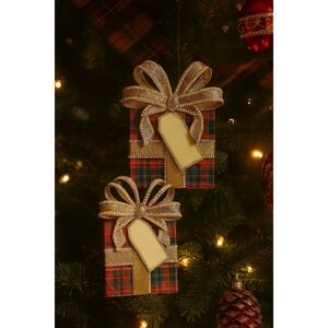 NEW Lot 2 Tartan Plaid Gift Box Ornaments Gold Bow Pearl Trim Christmas Holiday